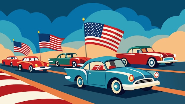 벡터 빈티지 자동차의 퍼레이드는 미국의 영원한 정신에 대한 경의를 표하는 것입니다.