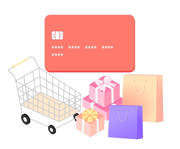 Платежная карта с набором иллюстраций корзины для покупок кредитная карта купон на подарочную коробку
