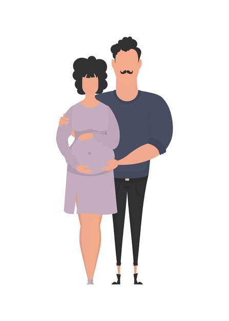 벡터 임신한 여자와 그녀의 남편은 고립 된 전체 성장으로 묘사됩니다. 행복한 임신 개념 플랫 스타일의 벡터 그림