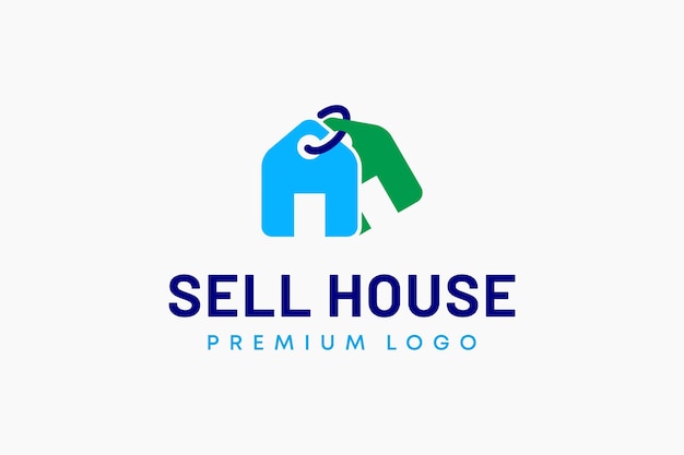 Ценник продается с формой дома и дверью дома логотип премиум вектор