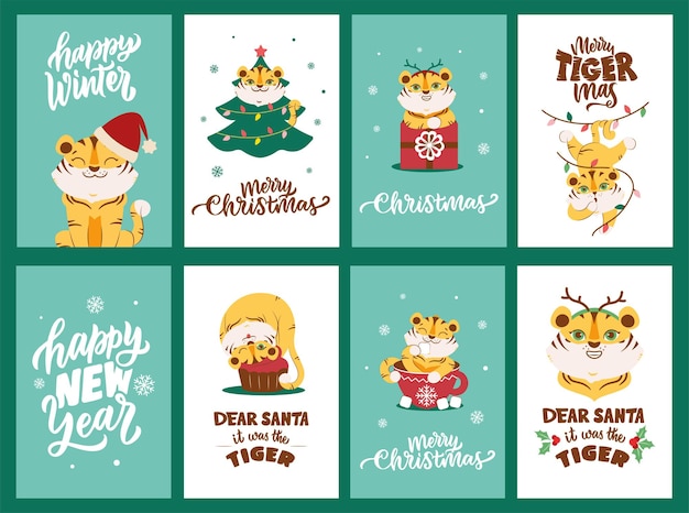 Набор открыток с тиграми 2022 года и цитаты про с новым годом, рождеством. винтажные изображения хороши для праздничного оформления. векторная иллюстрация