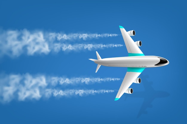 Вектор Силуэт летающего самолета, изолированный в голубом небе, в форме самолета с векторной иллюстрацией конденсационного следа