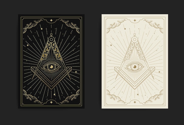 The square, compasses dan allseeing eye met gravure, handgetekend, luxe, esoterisch, boho-stijl, geschikt voor spiritualist, tarotkaart, astrologie of tatoeage