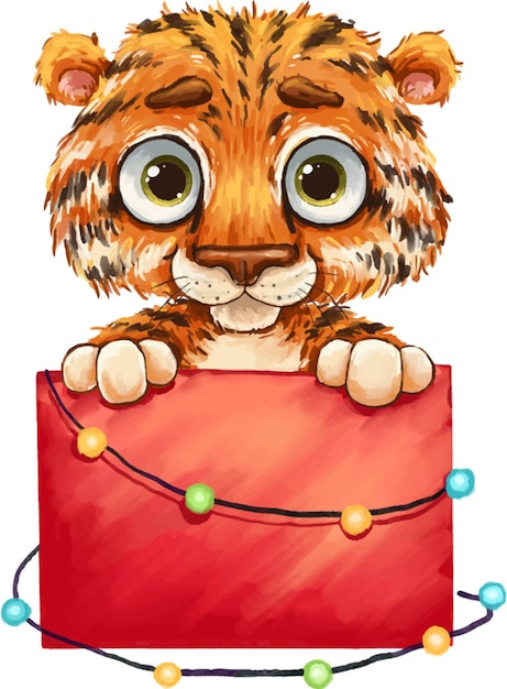 Символ нового года тигр в подарочной коробке с гирляндой на белом фоне