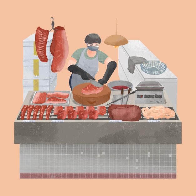 Вектор Продавец в мясном киоске режет мясо.