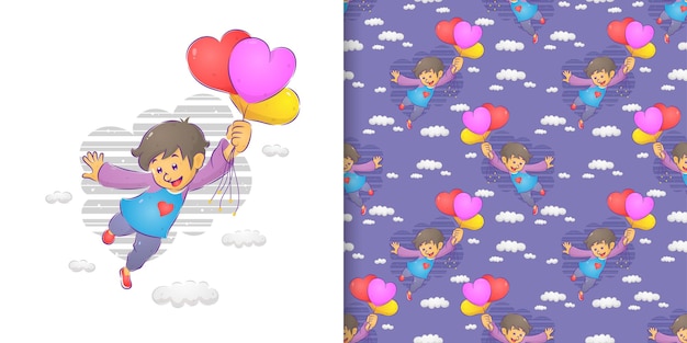 カラフルな風船を飛んでいる少年の水彩パターンセット