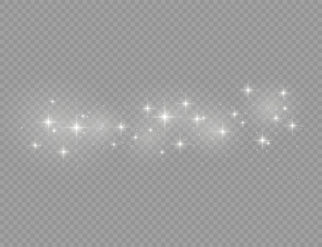 Белая пыль искрится и звезда сияет особым светом, рождественский искристый световой эффект, блеск, сияние огней, сверкающие частицы волшебной пыли, изолированные на прозрачном фоне.