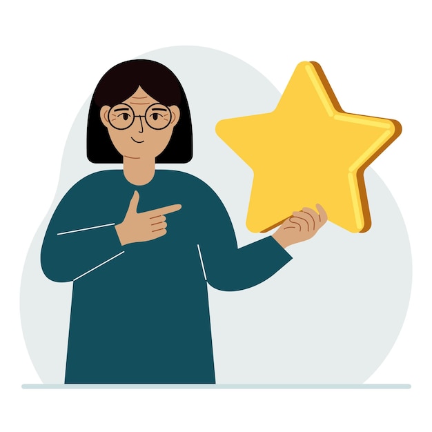 Женщина держит звезду рейтинг обслуживания или положительная оценка пользователя потребительский отзыв о продукте обратная связь