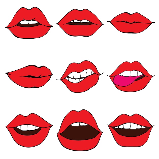 여자의 입술이 조여진 여자의 입술은 빨간 립스틱으로 덮여 있다