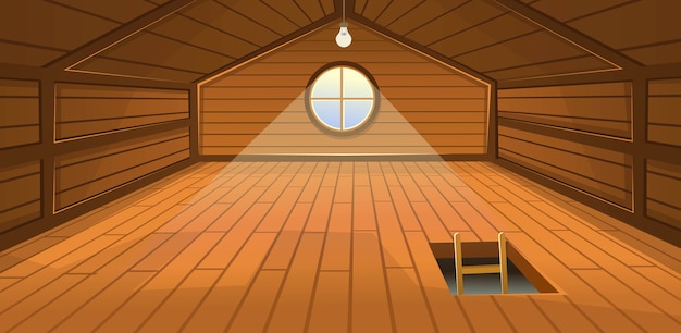ベクトル 窓と階段のある木製の屋根裏部屋のインテリア。漫画イラスト。