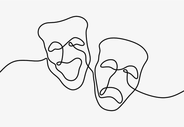 Theater mask tragedy and humor oneline continuous line art