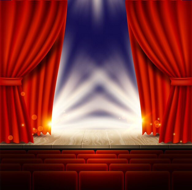 Vector theater, opera or cinema scene with red curtains
