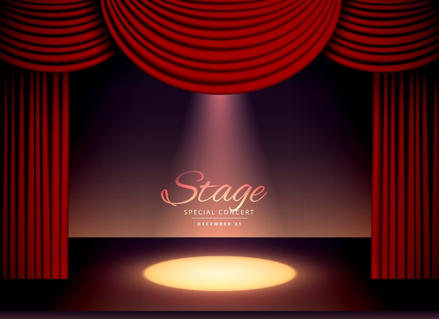 Vector theater scence with red curtains and falling spot light