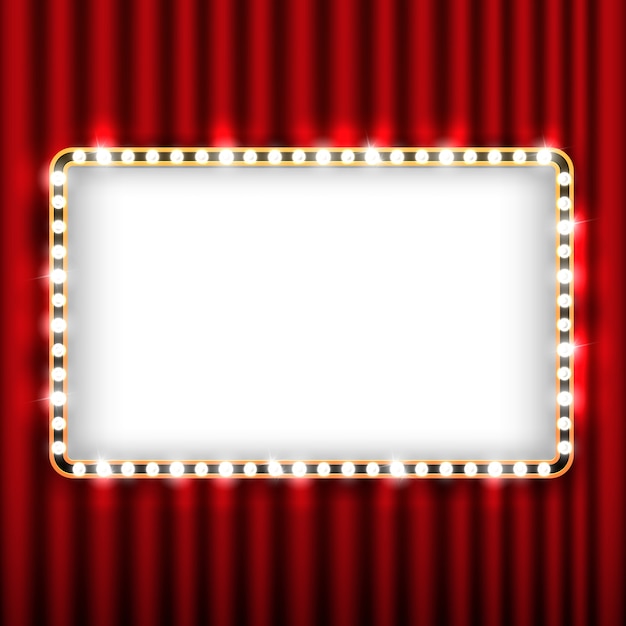 Theater scene with red curtain and sign gold frame