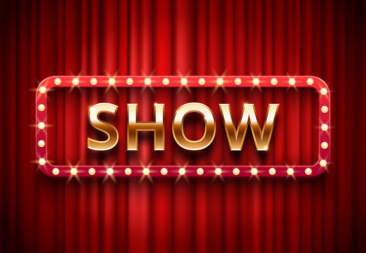 Vector theater show label, festive stage lights shows, golden text on red curtains  background