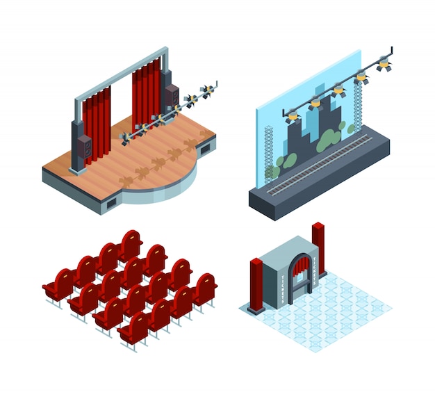 Vector theater stage isometric. opera ballet hall interior red curtain actors theater seat collection