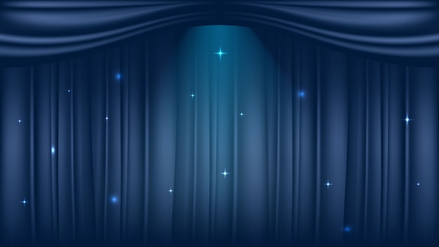 Vector theater stage on luxury blue curtains background