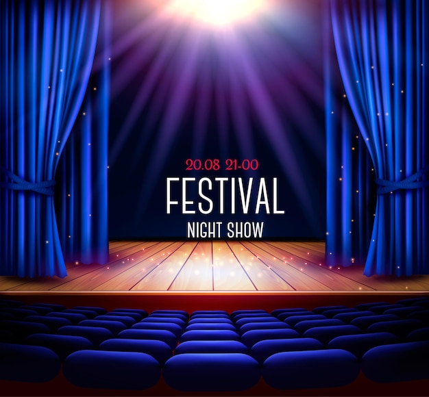 A theater stage with a blue curtain and a spotlight. festival night show poster. vector.