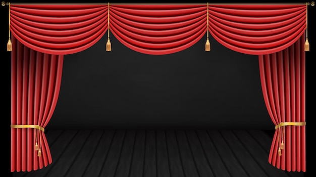 Vector theater stage with red curtain red curtain and wooden floor vector illustration