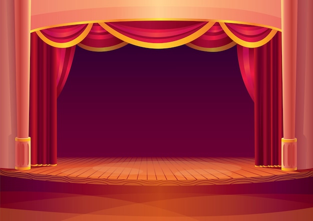 赤いカーテンとライトのある劇場ステージ。空の木製シーンと劇場のインテリアの漫画。コンサートグランドオープニングテンプレート。