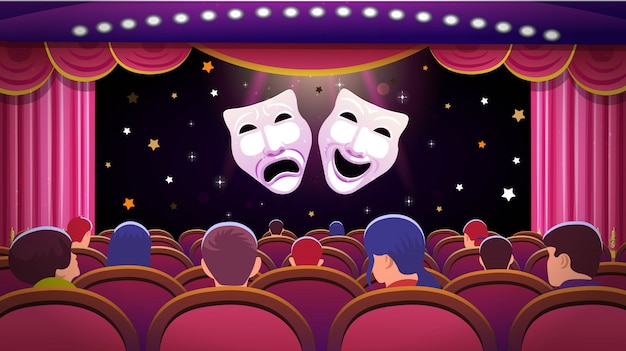 Vector a theater stage with a red open curtain and red seats with people and comedy and tragedy theatre masks. vector template illustration