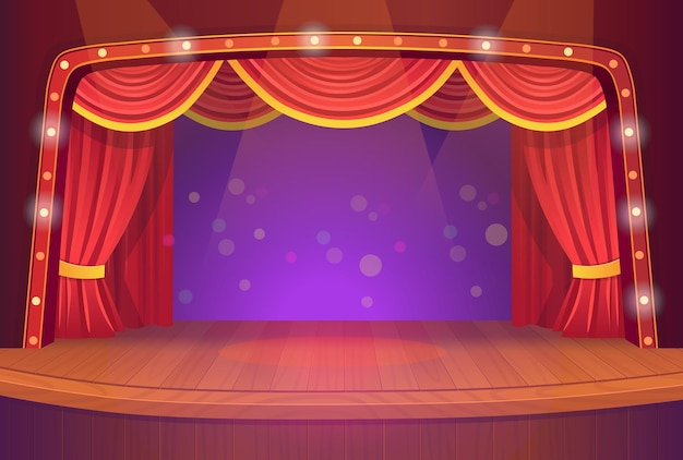 Vector a theater stage with a red open curtain vector template illustration