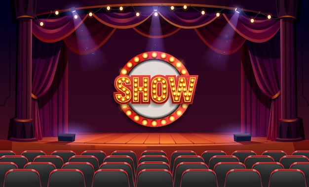 A theater stage with a sign that says show.