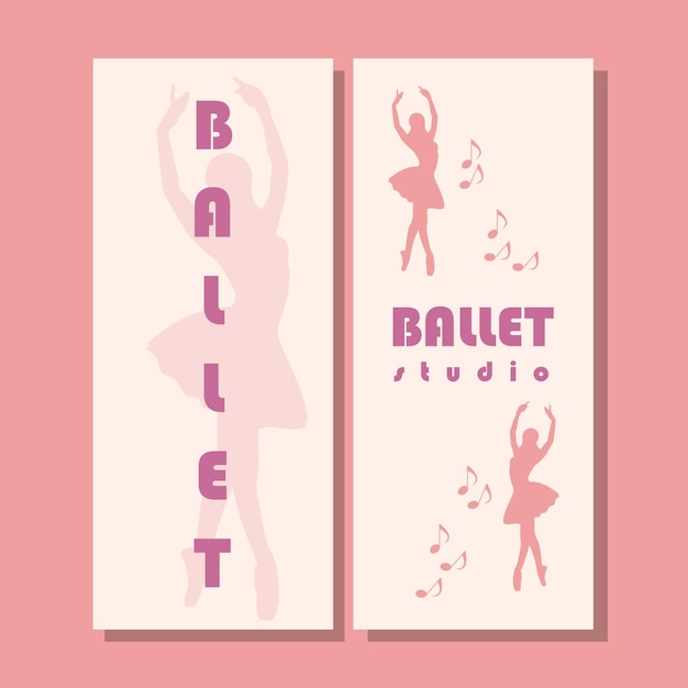 Theater ticket ontwerp Balletschool folder sjabloon Ballerina silhouet in de tutu en spitzen met vlinder Bruin en paars kaartontwerp Vector illustratie