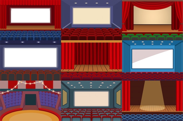 Teatro vettore teatro palcoscenico teatrale e opera teatrale illustrazione illustrazione teatralmente set di cinema interni e spettacolo di intrattenimento con tende isolate su bianco