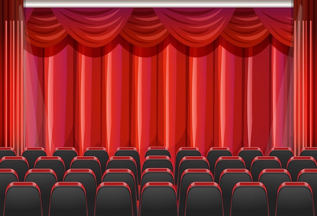 Vector a theater with a red curtain and a row of seats.