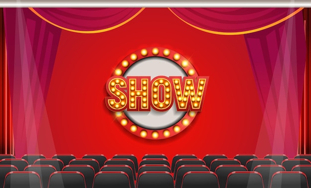 A theater with a screen with the word show on it.