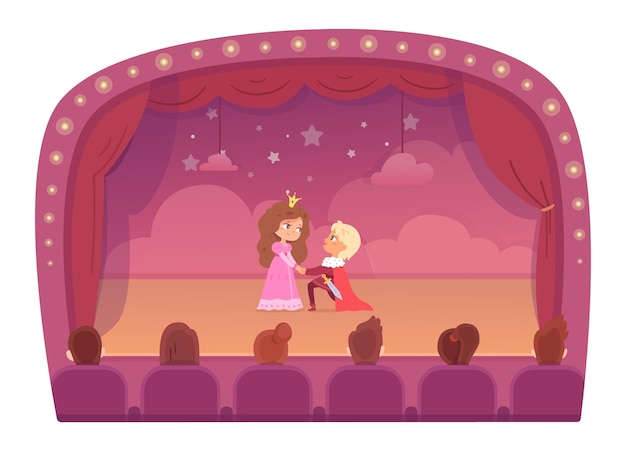 Theaterpodium met kinderen, prins en prinses, liefdesdramashowprestaties acteur schoolkinderen karakters in schattig kostuum voeren dramatische scène uit op theaterachtergrond