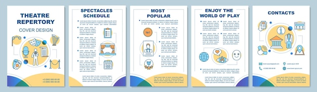 Макет шаблона брошюры театра. Концертное мероприятие. Зрелищный репертуар. Флаер, полиграфический дизайн буклета с линейными иллюстрациями. Векторные макеты страниц для журналов, годовых отчетов, рекламных плакатов