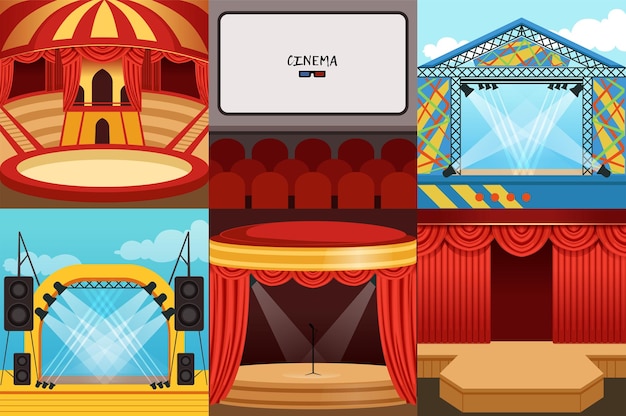 Vector theatre cinema circus concert stages collection show backgrounds design element vector illustration