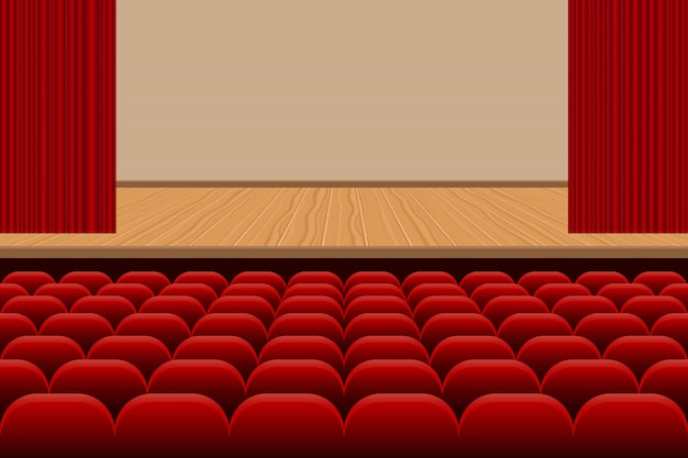 赤い座席と木製ステージイラストの行を持つ劇場ホール