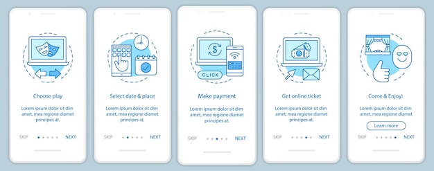 Theatre onboarding mobile app page screen vector template. Play online ticket payment. Spectacle event. Walkthrough website steps with linear illustrations. UX, UI, GUI smartphone interface concept