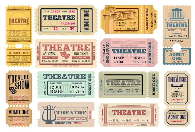 Vector theatre show, actors performance retro tickets set with comedy and tragedy masks, lira musical instrument and ancient greece columns. theater admission pass, admit