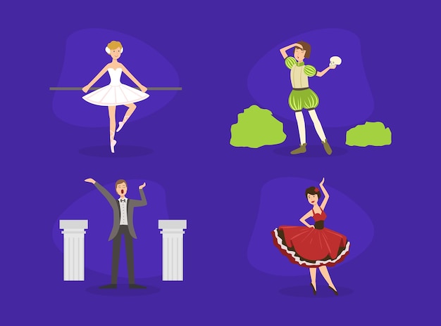 Vector theatrical actor ballerina dancer opera singer characters performing on stage vector illustration