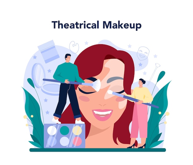 Concetto di truccatore teatrale artista professionista che applica cosmetici sul viso di un'attrice visagiste che fa il trucco a un modello usando un pennello illustrazione vettoriale piatta