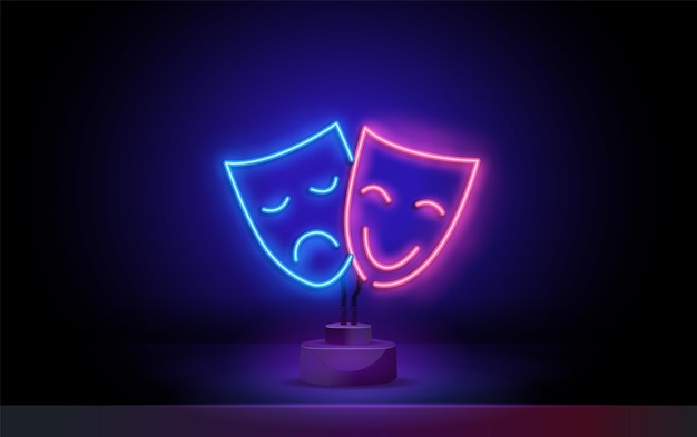 Theatrical mask neon sign glowing inscription with masks on dark background vector illustration can ...