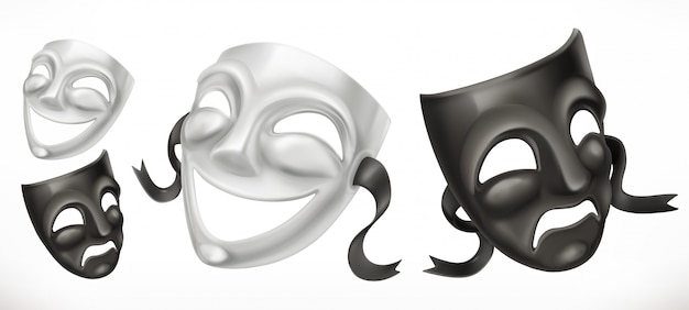演劇用マスク。コメディと悲劇の3 dアイコン