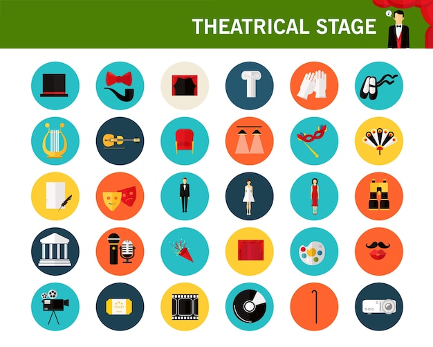 Theatrical stage concept flat icons. 