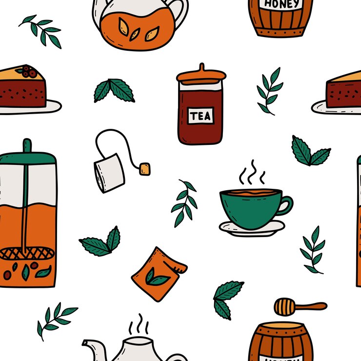 Thee drinken thema doodles vector naadloze patroon achtergrond