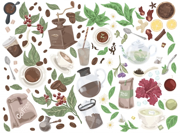 Vector thee en koffie doodle set.