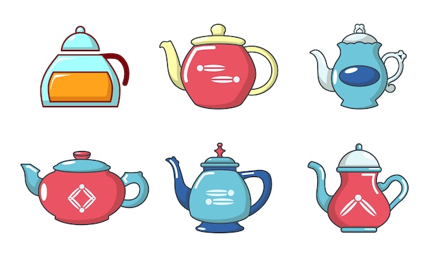 Vector thee pot pictogramserie. beeldverhaalreeks theepot vectorpictogrammen geplaatst geïsoleerd