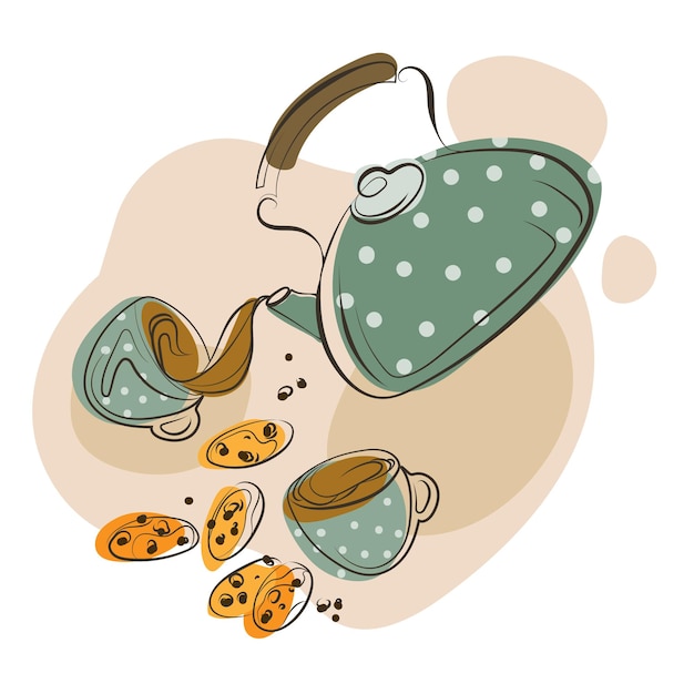 Theepot giet thee in een kopje met de hand getekende cartoon vectorillustratie. Theepot met twee kopjes en een koekje