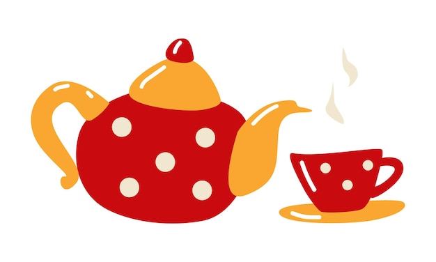 Theepot met thee en polkadot mok Maslenitsa Hand getrokken illustratie geïsoleerd op een witte achtergrond