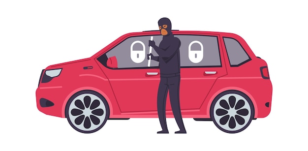 Vector theft car cartoon robber breaks automobile door criminal steals transport bandit and red closed vehicle with antitheft alarm vector machine security and auto stealing insurance