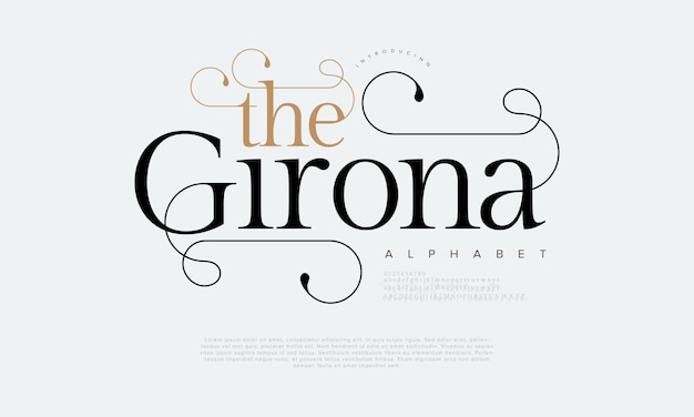 Vettore thegirona premium lusso elegante alfabeto lettere e numeri elegante tipografia nuziale serif