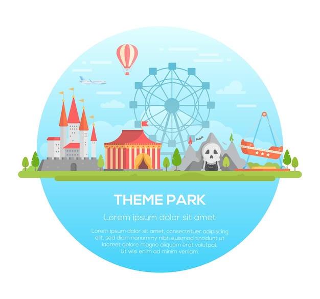 Themapark - moderne vectorillustratie in een rond frame met plaats voor tekst. verschillende attracties, bomen, carrousels, kasteel, horror, heteluchtballon en vliegtuig in de lucht. entertainmentconcept